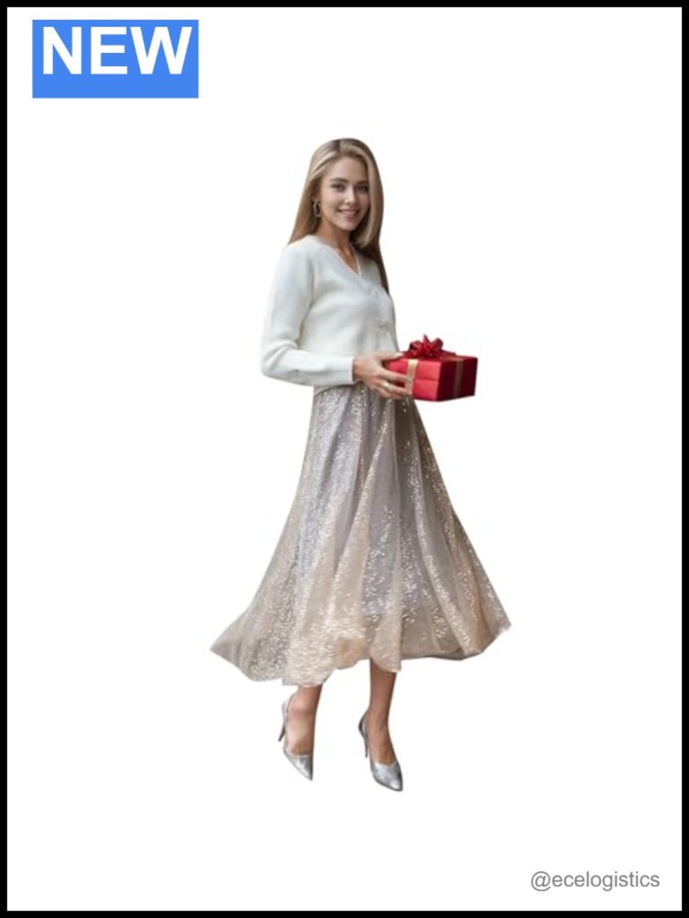 Sequin Tulle Pleated Midi Skirt Elastic Waist Layered Flowy Fairy Tutu Skirt